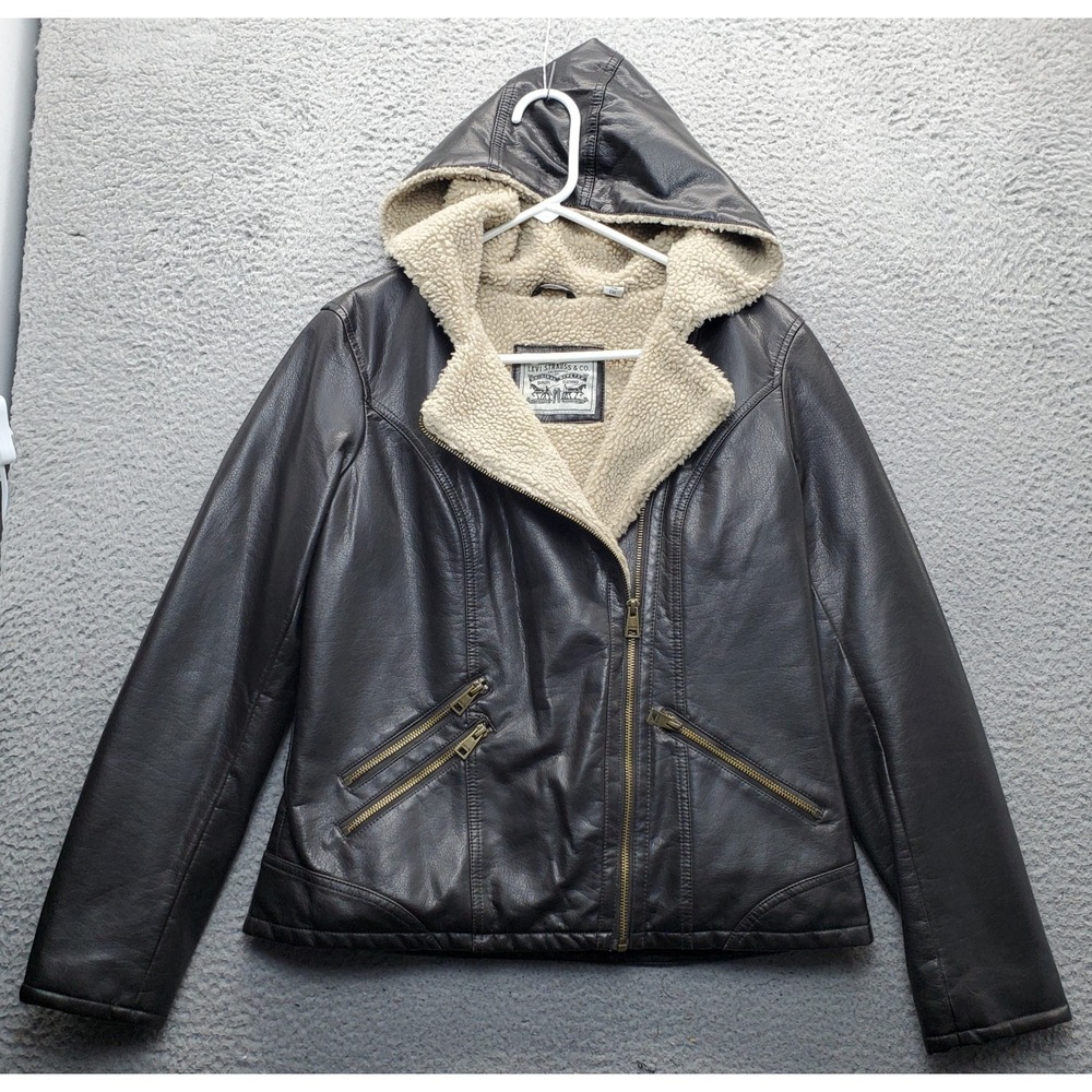 Levi's Faux Leather Biker Jacket Womens S Brown Sherpa Lined Clipside Zip EUC